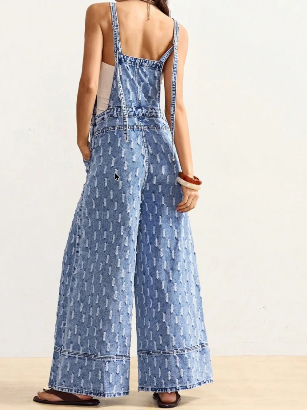 Light Wash Distressed Double Strap High Waisted Wide leg bibs Overalls - Picture 5 of 6